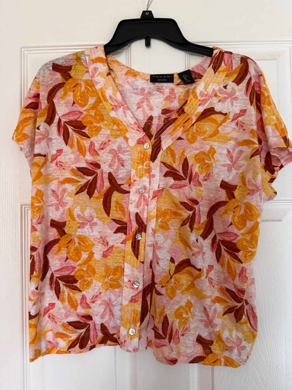 Tahari Floral Button-Front Short Sleeve Top - Pink, Yellow & Brown